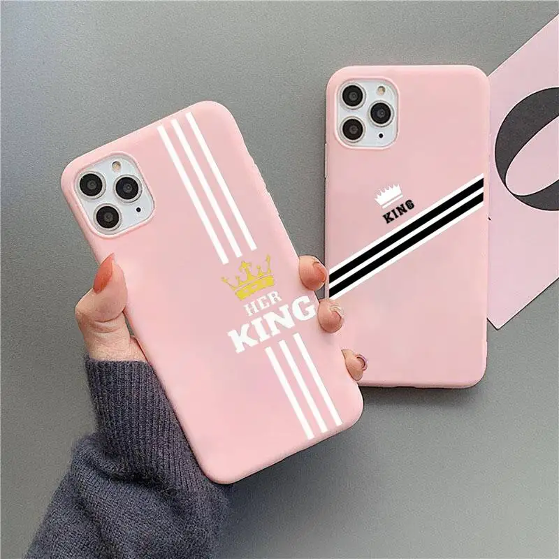 

King queen couple Phone Case Pink Candy Color for iPhone 11 12 mini pro XS MAX 8 7 6 6S Plus X SE 2020 XR