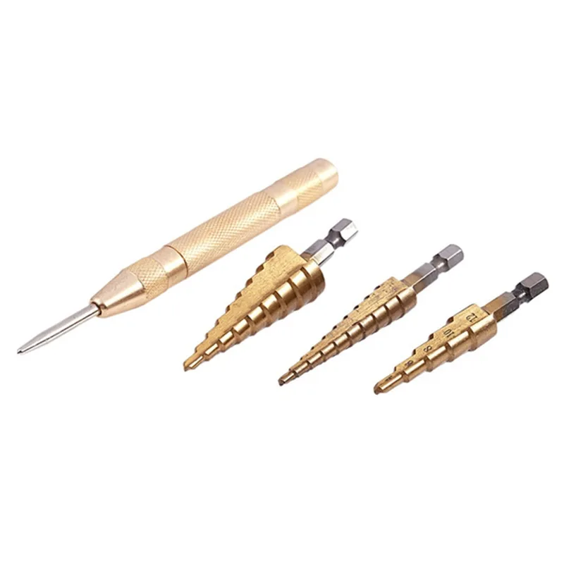 

3 pcs HSS Titanium Step Drill Bit Set & 1 pcs Automatic Center Punch