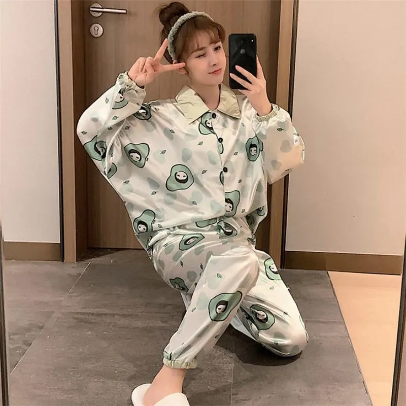 

Silk Women Pajama Princess Snow White Nightgown Kawaii Long Sleeve Female Homewear Cardigan Female Sleepsuit Harajuku Anime Suit