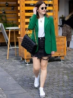 slmd vintage elegant green pant suits women 2021 fashion pockets buttons notched blazers side zipper pants suits