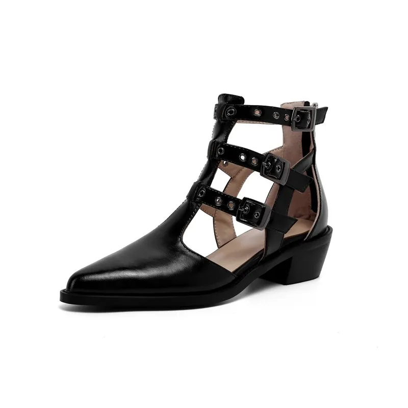 

Gladiator Sandals Women Chunky Heels Punk Shoes 2021 Summer New Genuine Leather Covered Toe Rome Middle Heels Sandal Boots Black