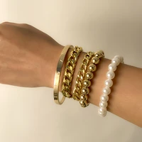 retro beaded imitation pearl bracelets for women gold color ball cuff open bangle beads chain charm bracelet punk gothic jewelry