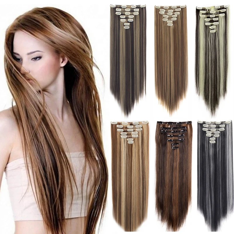 

7Pcs Set 16 Clips 22 24 Inch Straight Wavy Curly Full Head Clip In on Double Weft Hair Extensions Solid Color Mixing Color