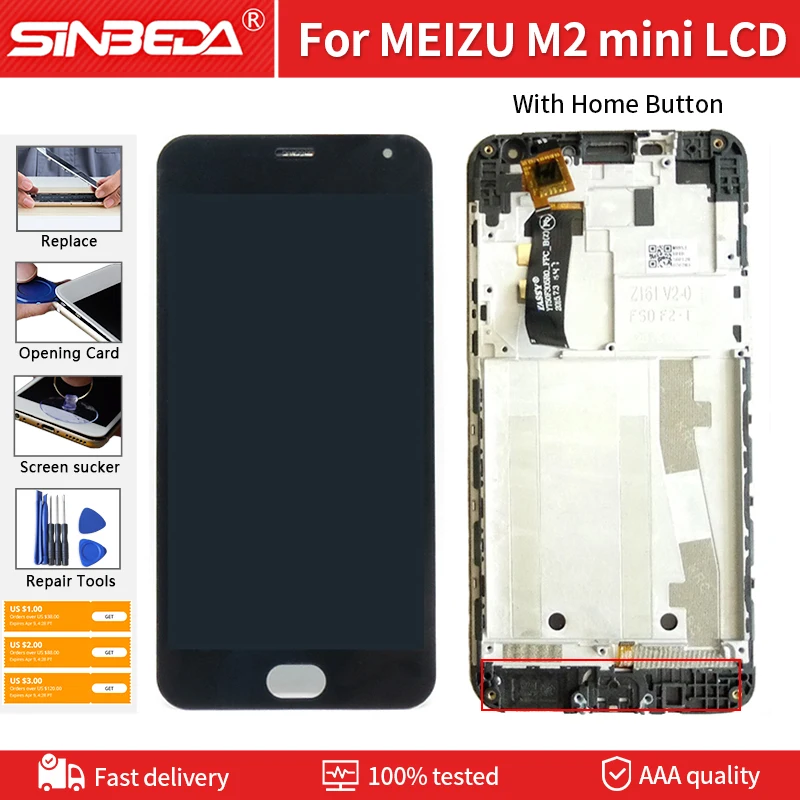 

ЖК-дисплей для MEIZU M2 mini, 5,0 дюйма, AAA + +, сенсорный экран с рамкой, сменный дигитайзер в сборе, бесплатные инструменты для M2 mini LCD