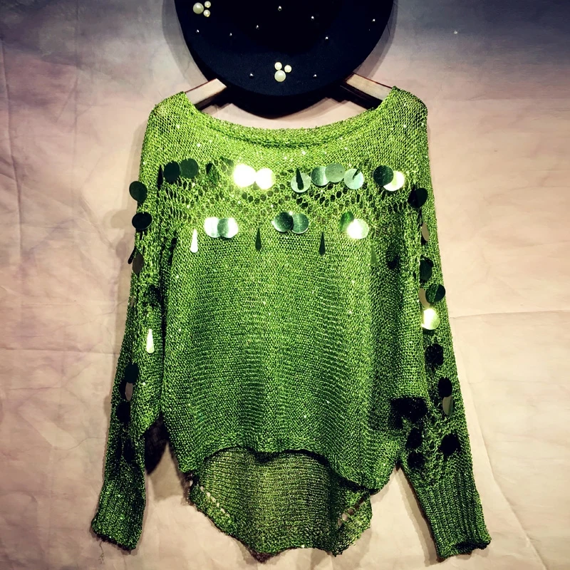 Женский крючок свитер с вырезами и блестками тонкий свободный пуловер дырками