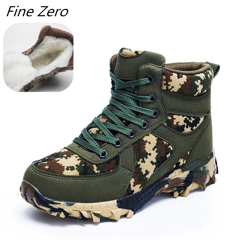 Army green-Fur Plush Мужская зимняя обувь из натуральной шерсти; теплые водонепроницаемые уличные кроссовки; зимние ботинки ручной работы; мужские военные ботинки высокого качества - Цвет: Army green-Fur Plush