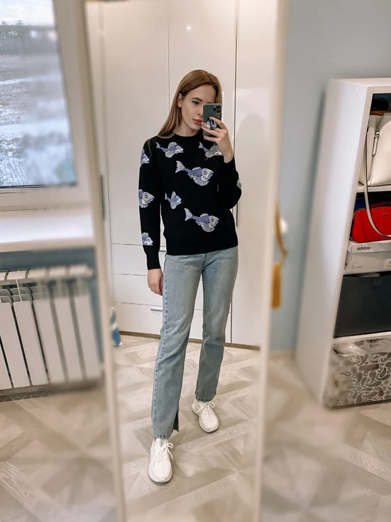 Осенне-зимние вязаные женские свитера с мультяшным рисунком пуловеры свитер