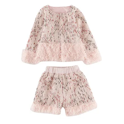 

Elegant Patchwork Jacket Coat +Shorts Children Two Piece Suits O-neck Kids Girls Shorts Suits Children Sweet Girls Clothing Set