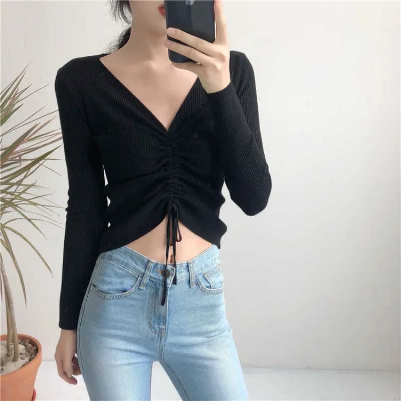 

2020 Sexy V-neck Lace Knit Sweater Women Autumn Rib Long Sleeve Solid Color Navel Bare Top Knit Sweater Pullover