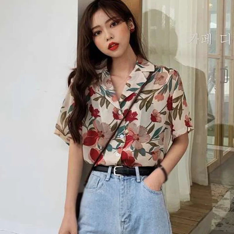 

Retro Floral Print Casual Shirt for Women Turn-down Collar Short Sleeve Chiffon Shirt Womens Single Breasted Tops