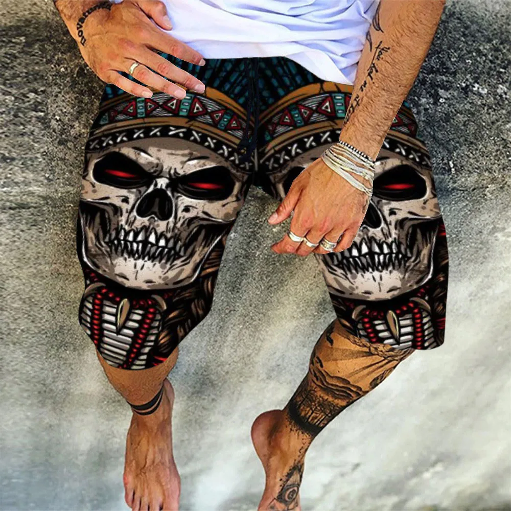 

2021 Summer New Europe America Casual Pants Men's Mid Waist Casual Printing Skull Fashion Loose Simplicity Sandy Beach