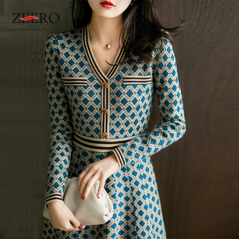 

French Style Plaid Sweater Dress Women Elegant High Quality Autumn Winter Vintage Ladies Knitted Party Dresses Vestidos Robe