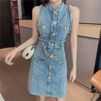 party sexy slim denim dress women button front blue summer sweet style strap suspender y2k jeans dresses overall mini sundress