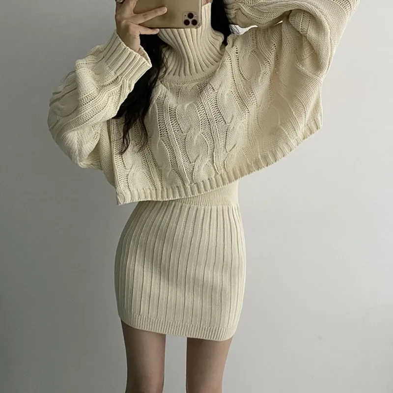 

Runway Women Korean Autumn Winter Hemp Flower High Neck Sweater + Elegant Bodycon Knitted Skirt Suit Two Picecs Set