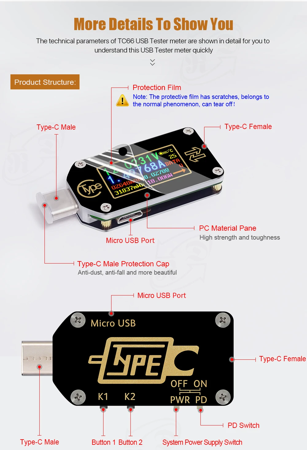 TC64 TC66 TC66C type-C PD триггер USB-C Вольтметр Амперметр Напряжение 2 способ измеритель тока модульное зарядное устройство батарея USB тестер модуль