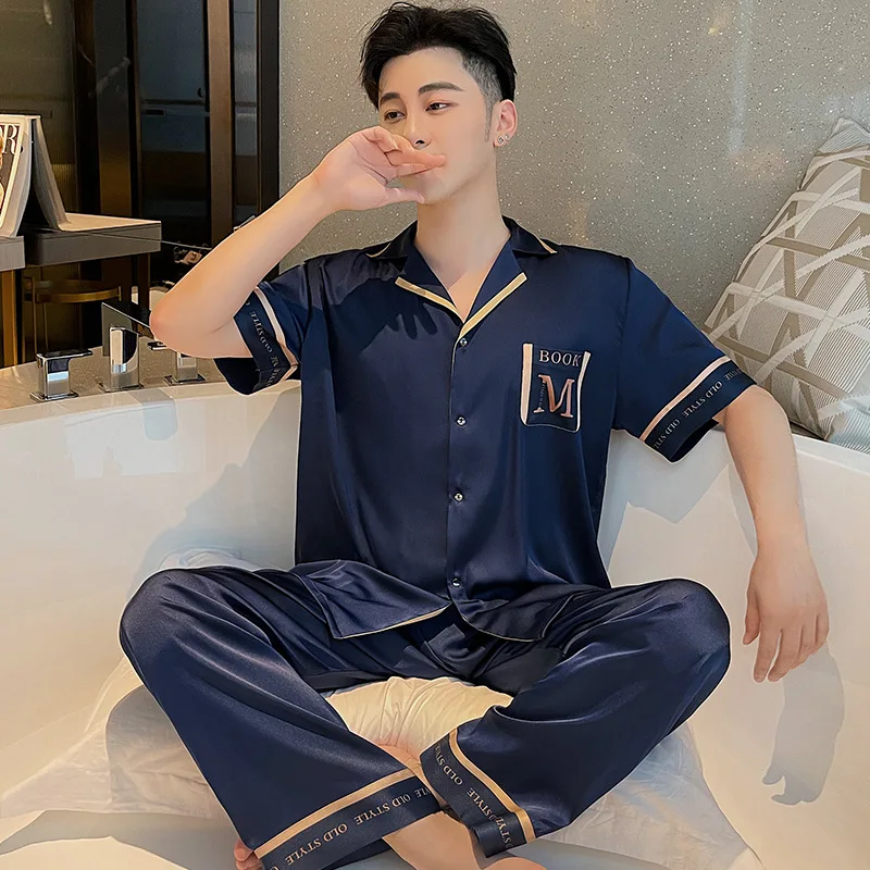 

Мужская темно-синяя пижама с принтом, домашняя одежда, повседневная ночная рубашка, весна-осень, новый комплект для сна из 2 предметов, атлас...