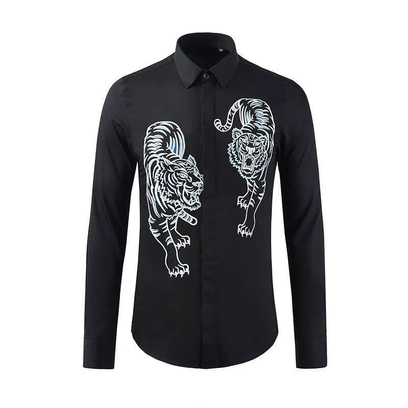 

Gothic Black Mens Embroidery Shirts Chemise Homme Slim Fit Casual Long Sleeve New Harajuku High Street Tops Party Shirt Clubwear