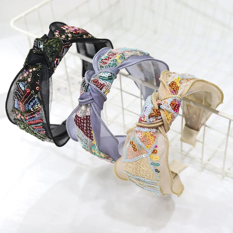 Ободок для волос женский кружевной широкая лента с блестками аксессуар на голову