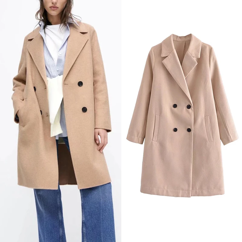 

Za Elegant Solid Woolen Coat Women Long Sleeve Loose Jacket Double Breasted Fashion Long Outerwear Female 2021 Autumn Winter