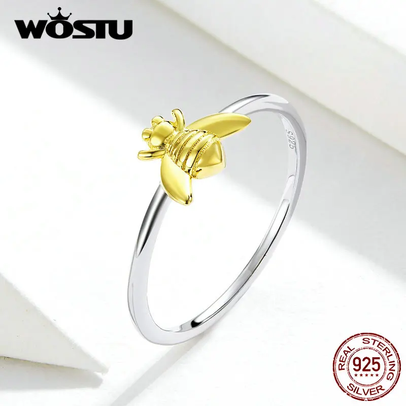 WOSTU 100% Real 925 Sterling Silver Lovely Bees Ring For Women Gold Color Wedding Rings Engagement Lover Fine Jewelry DXR595 | Украшения и