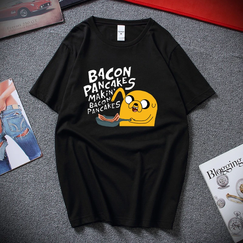 

2021 Fashion Style 100% Cotton Short Sleeves Adventure Time Jake and Finn Bacon Pancakes Black White T Shirt Tee