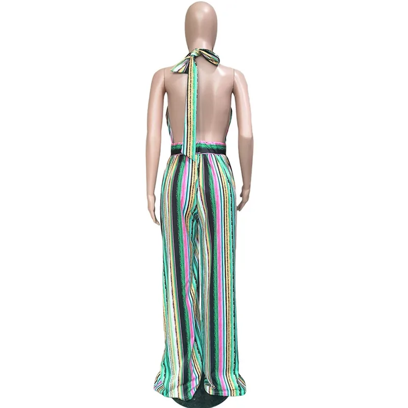 

Summer Halter Jumpsuit Women Colorful Striped Rompers Loose Wide Leg Pants Overalls Sexy Backless Bodysuits Sleeveless Playsuits