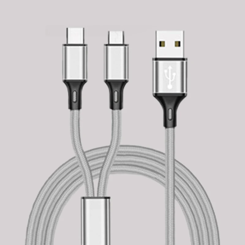 Silver 2 in 1 Cable 2 в 1 USB кабель Micro usb type C кабели быстрое зарядное устройство планшет телефон зарядный шнур 2в1 нейлоновая оплетка Android USB C провода для зарядки - Цвет: Silver 2 in 1 Cable