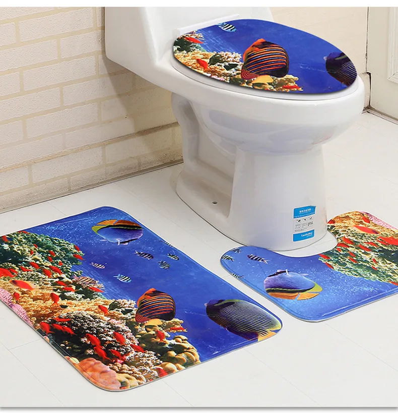 

3D Blue Ocean Deep Sea Dolphin 3 Piecet Toilet Cover Non Slip Mat Bath Rugs Toilet Seat Bath Rug Accessories for Bathroom Decor