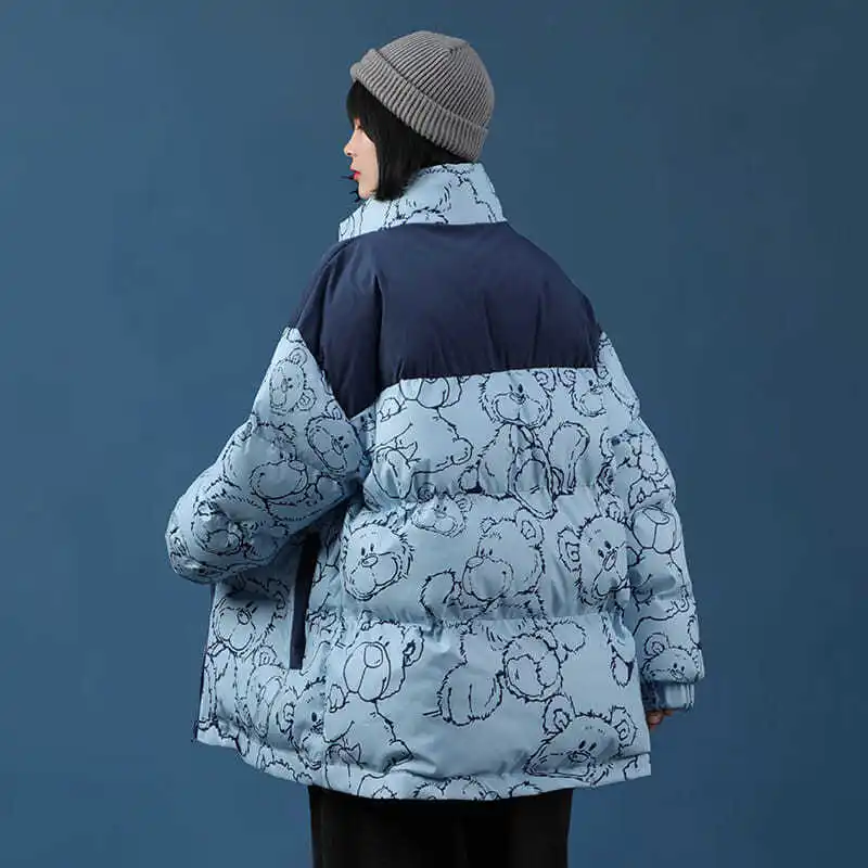 Зимняя женская куртка пуховик синее хлопковое пальто с воротником-стойкой