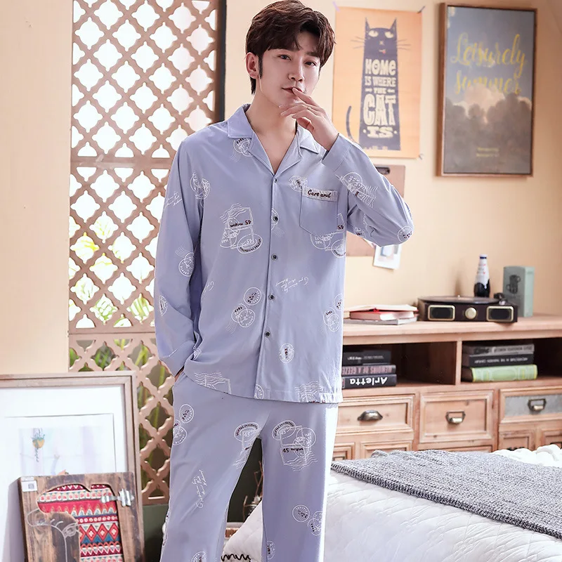 Autumn New Cotton 2PCS Pajamas Suit Men Casual Home Clothes Turn-down Collar Shirt&ampPant Sleepwear L-3XL Loose Nightwear | Мужская