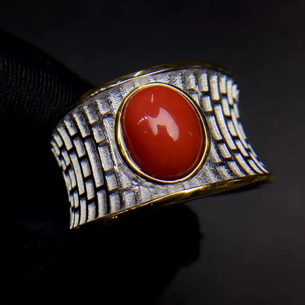 

Luxurious Restoring big Thick wide Natural red coral ring S925 silver natural gemstone ring girl women party gift fine jewelry