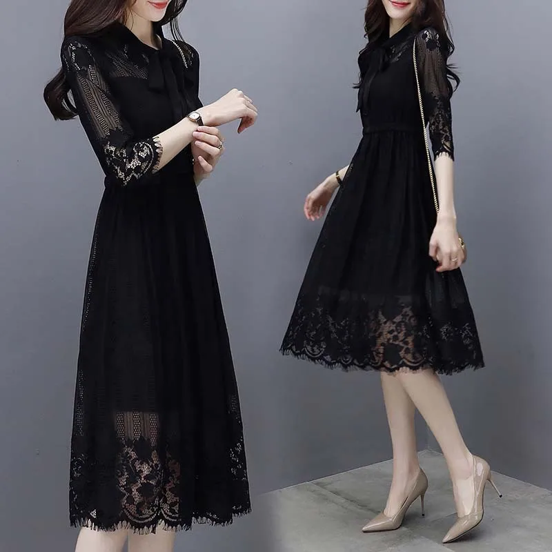 

Spring and summer new women's Korean three-quarter sleeve lace dress female black temperament was thin mid-length skirt