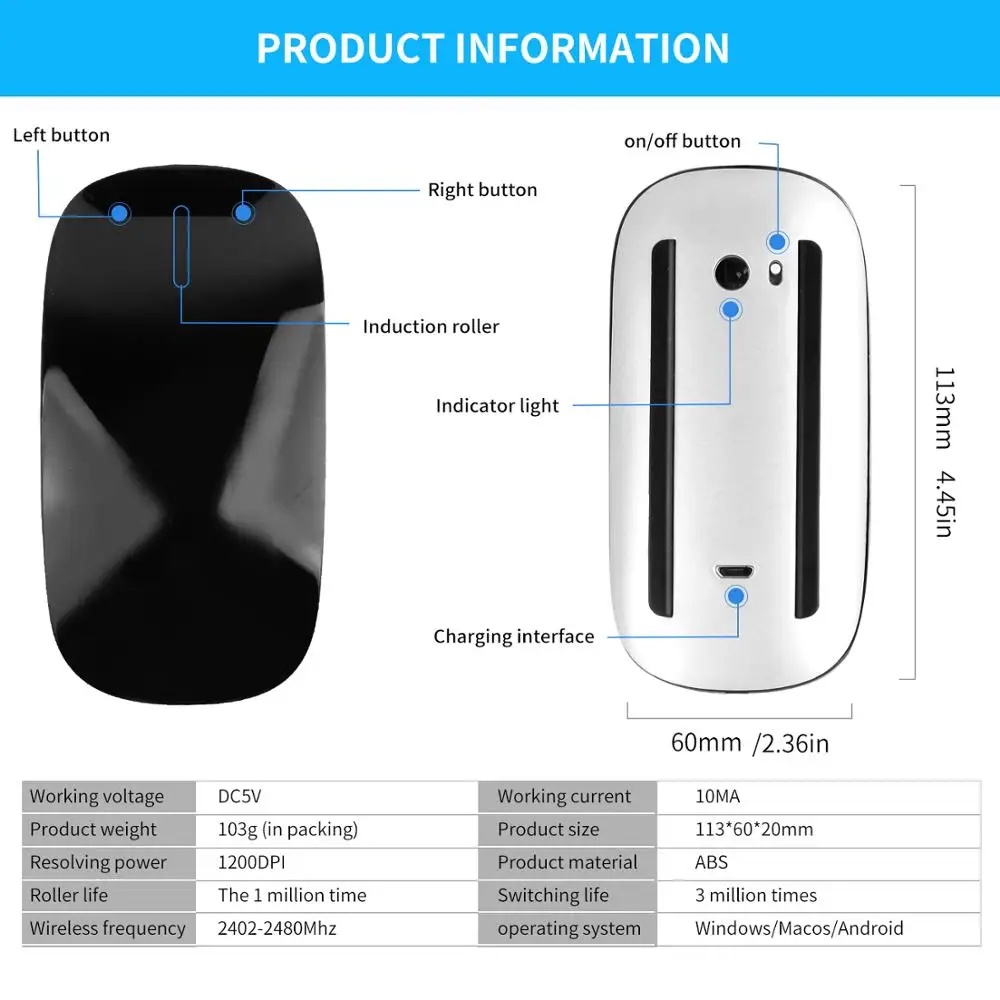 Zienstar Rechargeable Touch Magic Wireless Bluetooth 5.0Mouse Travel Ultra-Thin Portable Mini Mice Compatible with PC MAC Laptop