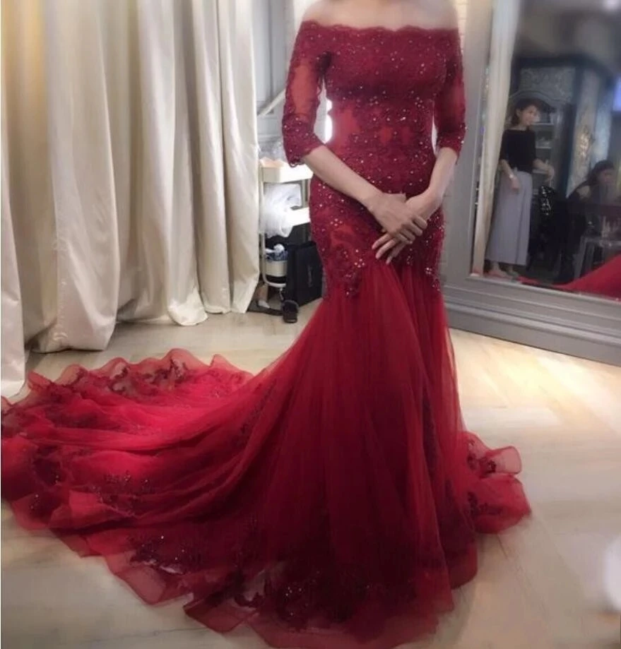 

ANGELSBRIDEP Burgundy Long Evening Dresses Vestidos de festa Sexy Boat-Neck Half Sleeves Court Train Formal Prom Wedding Gowns