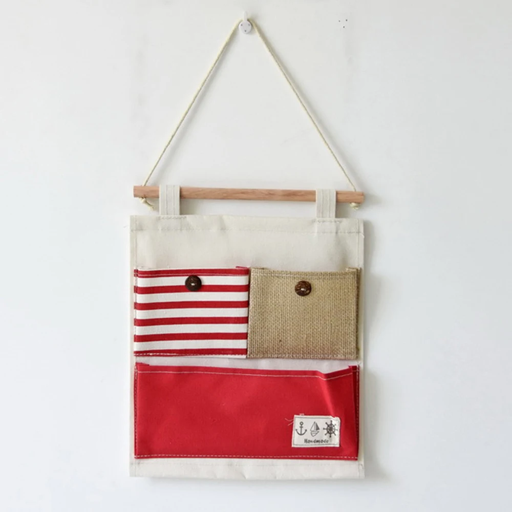 Полосатые комбинированные Висячие Сумки для хранения льняные тканевые карманы