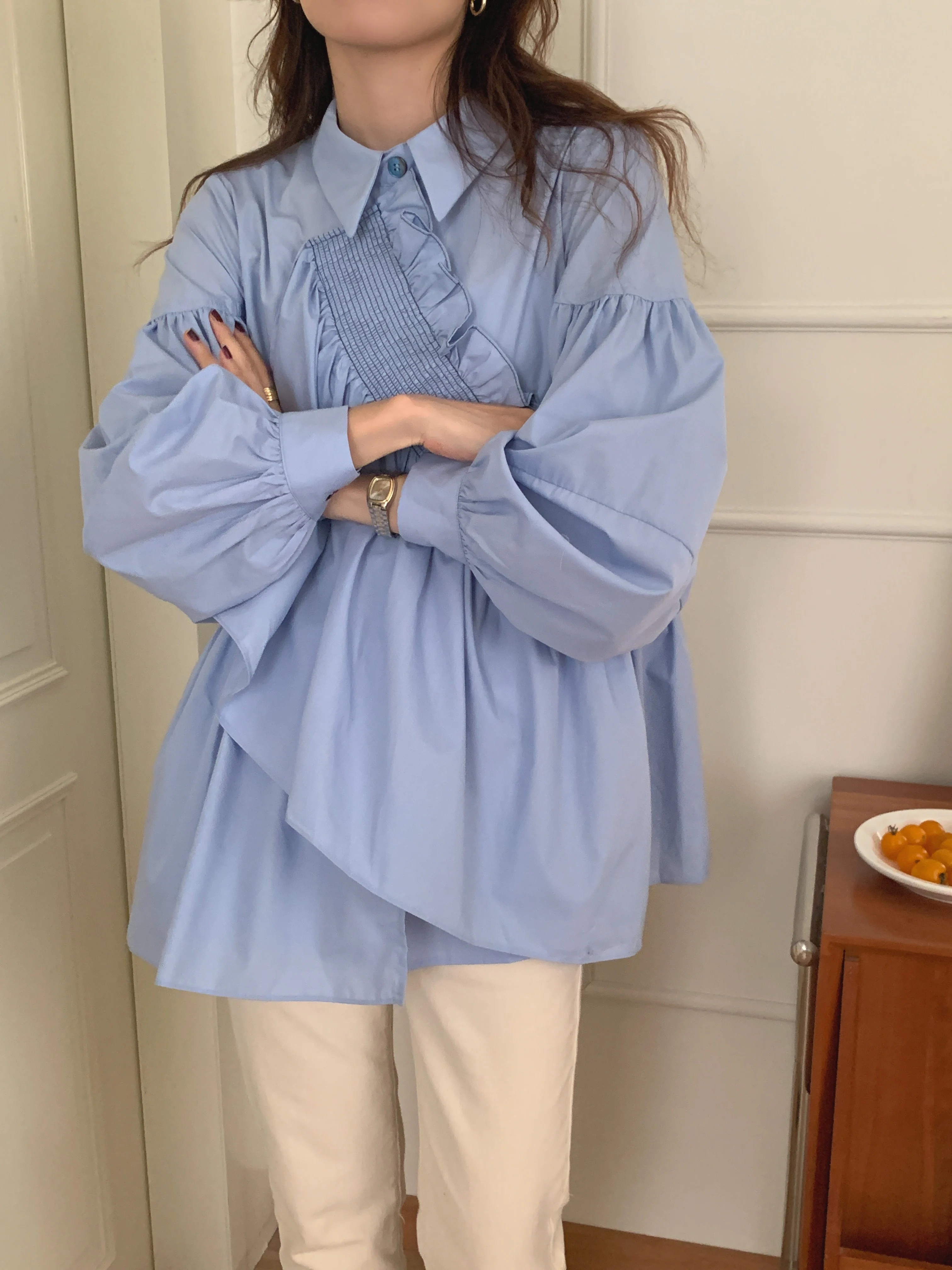 

SuperAen, новый дизайн, гофрированные Лоскутные однотонные Универсальные женские повседневные рубашки с отложным воротником