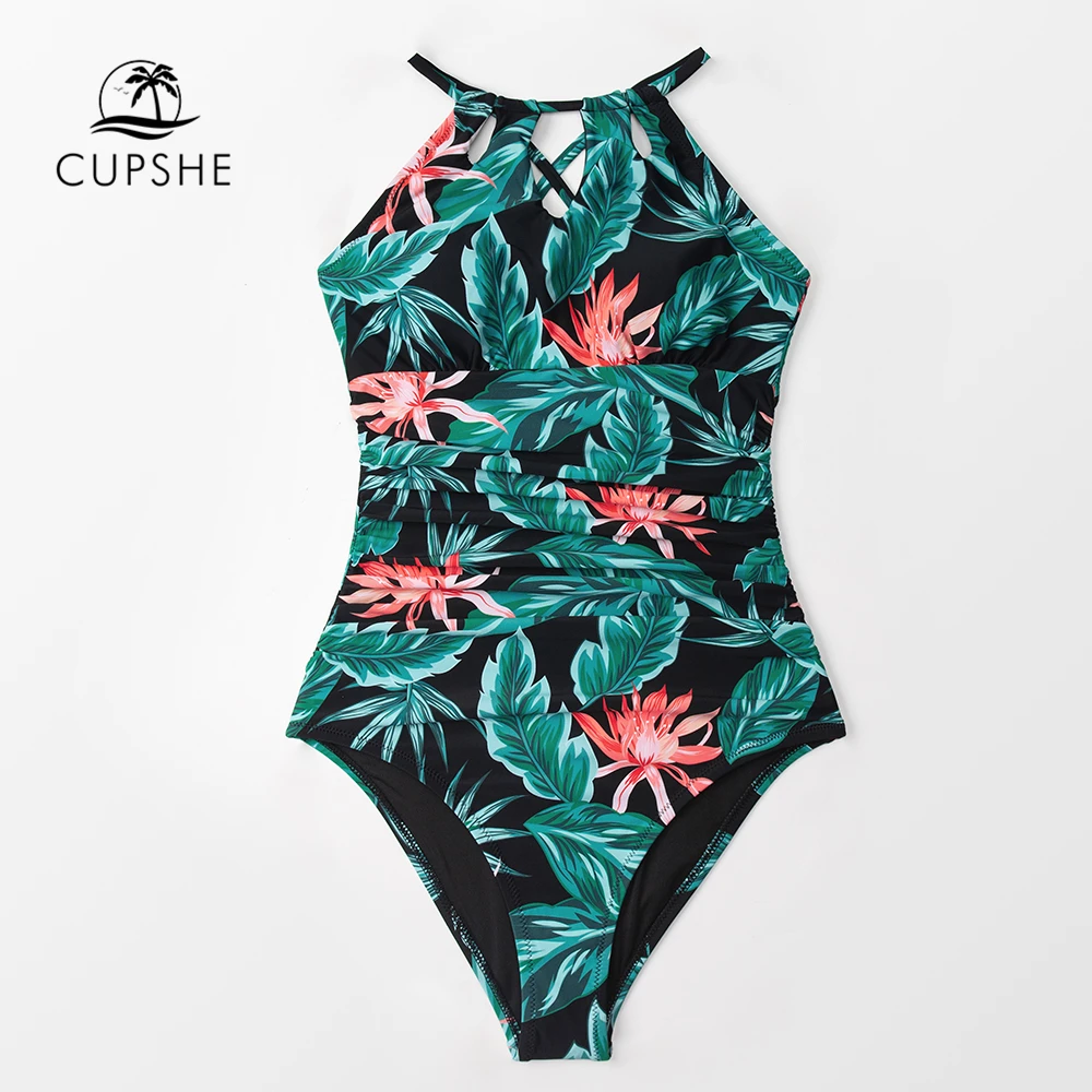 CUPSHE зеленый цветочный Вырез Холтер Цельный купальник сексуальный со шнуровкой