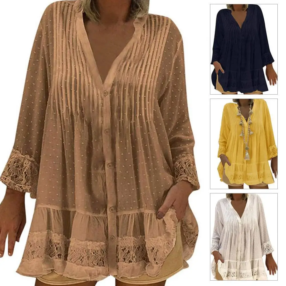 

Повседневные женские рубашки, модная Осенняя кружевная строчка, плиссированные пуговицы, свободная блузка, женская блузка размера плюс 2021