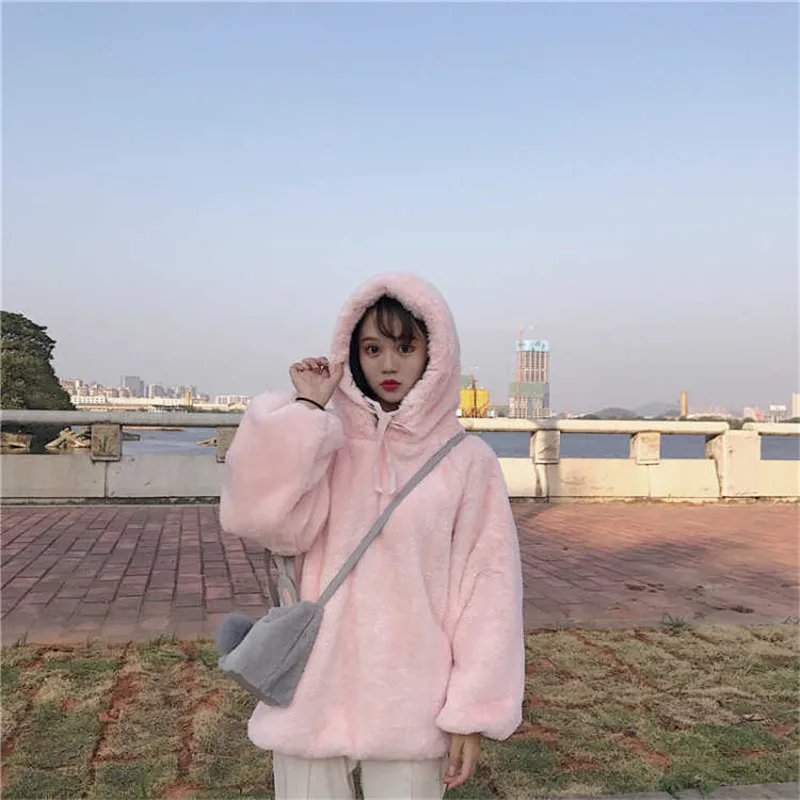 Kawaii женские толстовки белые розовые зимние свободные теплые толстовки с капюшоном Милая верхняя одежда пальто осенняя Милая толстовка с длинными рукавами для девочек