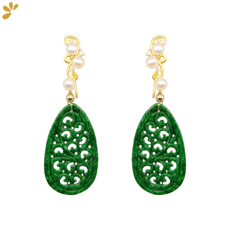 

925 Sterling Silver Gold Plated Jadeite Drop Earrings For Women Vintage Grass Pattern Earrings Fine Jewel Anniversary Party Gift