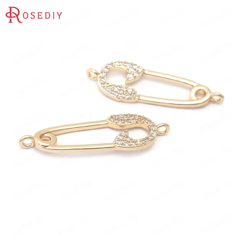 

(38881)6PCS 24K Champagne Gold Color Brass and Zircon 2 Holes Pin Shape Connect Charms Pendants Jewelry Making Diy Accessories
