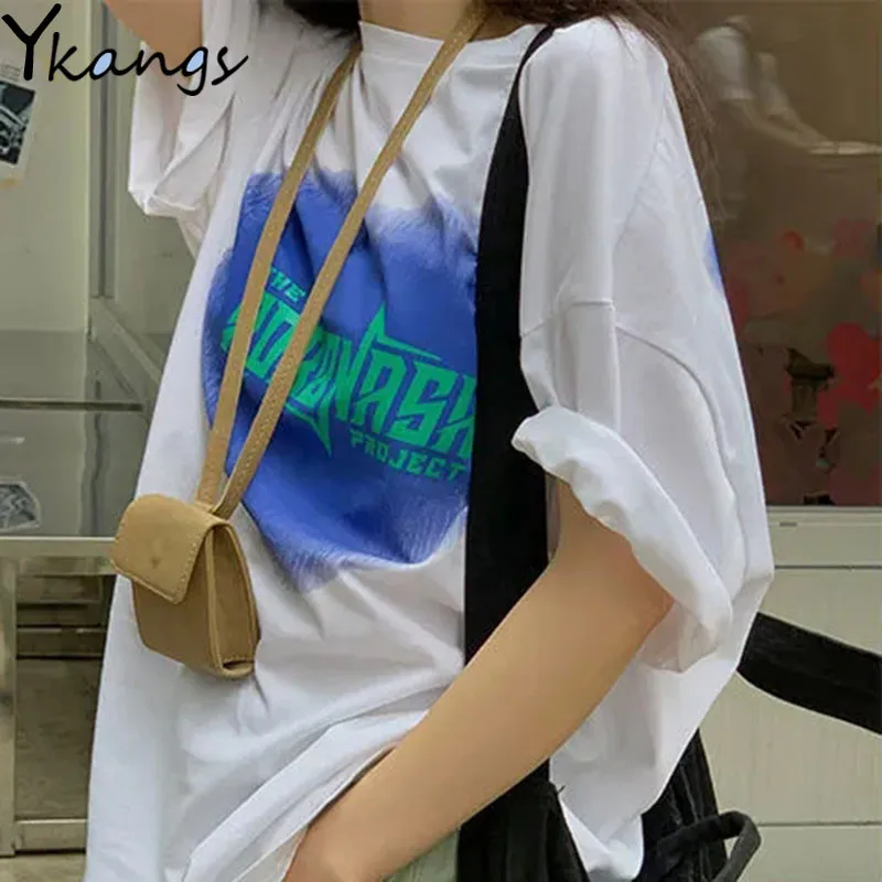

With Heart Letter Print Women T-shirt Summer Breathable Middle Sleeve Sports Short Sleeve Korean Campus Style Ladies Sports Top