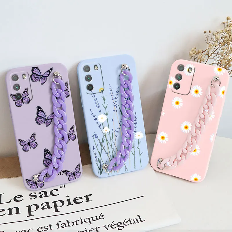 for xiaomi poco m3 case wrist chain love heart flower tpu cover for xiomi poco m3 pocom3 m 3 6 53 protective phone case bumper free global shipping