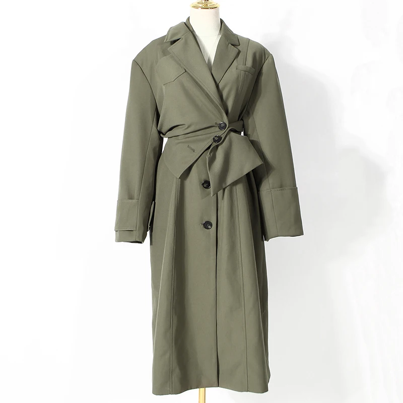 

[EAM] Women Removable Long Green Trench New Lapel Long Sleeve Loose Fit Windbreaker Fashion Tide Autumn Winter 2021 1DD3144