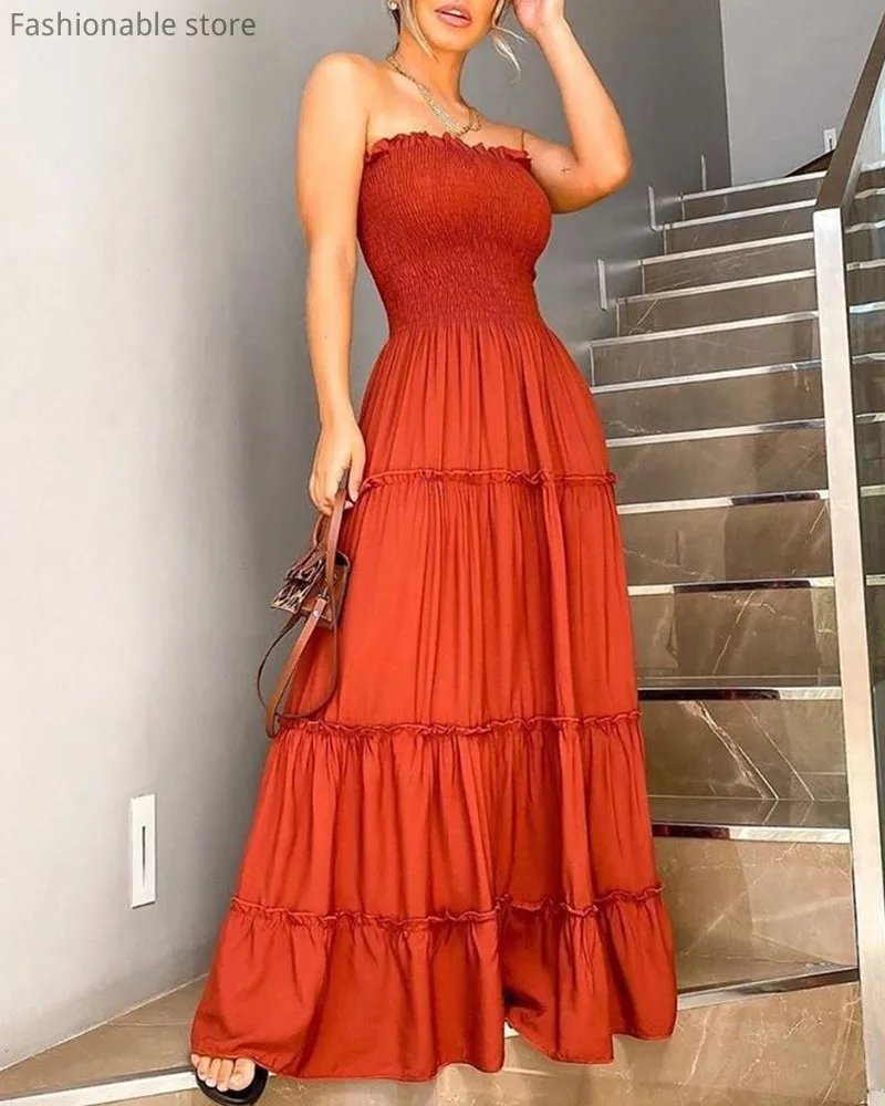 

Women Solid Color Strapless Long Dress Layered Ruffles Design Bandeau Maxi Dress