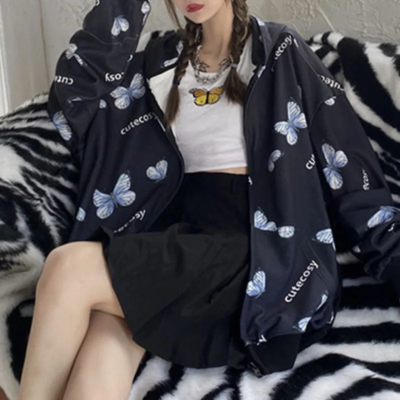 Butterfly Print Zipper Casual grunge Streetwear Harajuku y2k Oversized hoodie Winter Long Sleeve Kawaii Women sweetshirts Top