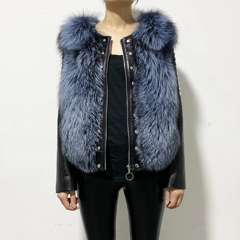 Rf2055 короткие Стиль Натуральная овечья кожа куртка из меха черно бурой лисицы