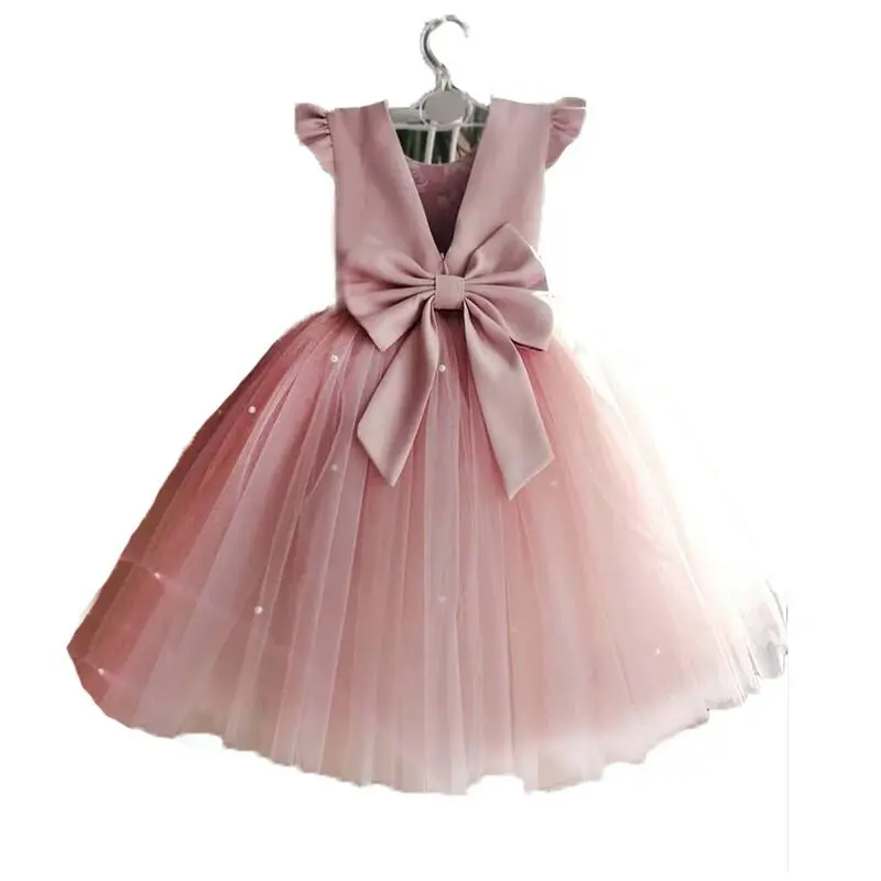 

New Peach Pink Flower Girls Dresses For Wedding Beading Backless Birthday Party Evening Dress Tulle Princess Ball Gown