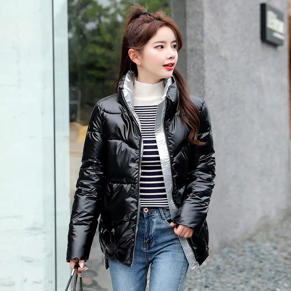 GRELLER 2020 Autumn Women's Winter Coats Fashion Silver Stand Collar Short Parkas Winter Jacket Women Pockets Padded Cotton Coat