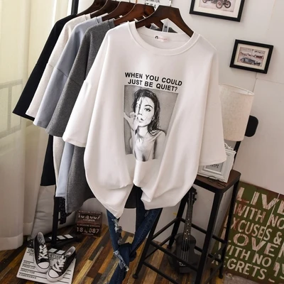 

Large Size Woman Cotton Tee Tops Short Sleeve Fashion Character Print Thick Casual T Shirts Autumn Winter Warm Loose Tee Shirts